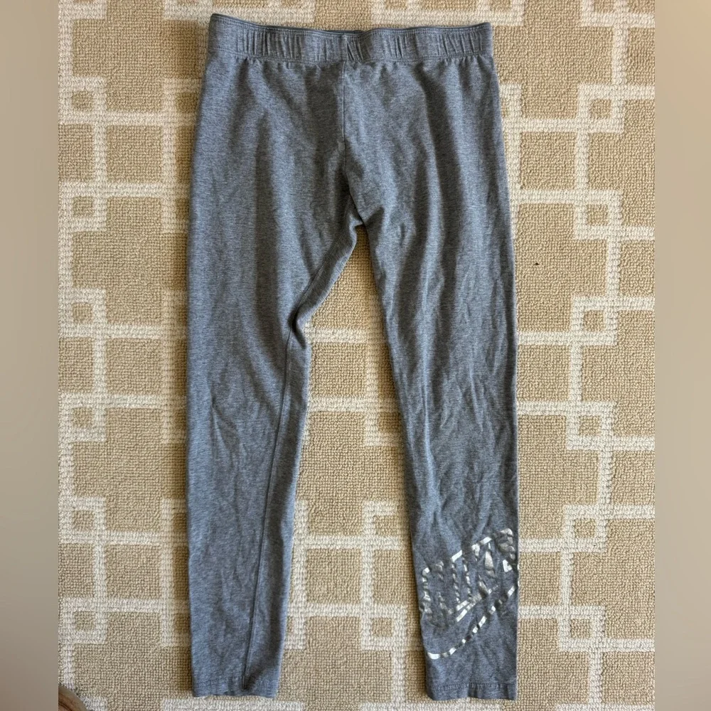 Nike Logo Leggings Gray Cotton Stretch Athletic Athleisure Girls Large